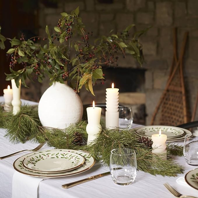 Lenox Holiday 6-Piece Salad Plates Dinnerware Set Service For 6 Porcelain Dishwasher Safe Round Plates Set Ivory Red &amp Green Perfect for Gatherings Hosting Christmas Dinnerware (Ivory 6 Pi