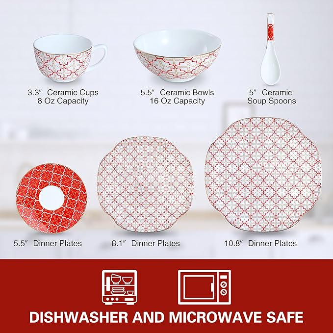 24 Piece Red Poreclain Dinnerware SetBone china Set for 4Ceramic Plates and Bowls Sets With checkered cross patternHighly Chip and Crack Resistant | Oven &amp Dishwasher (Red + Checkered Cross)