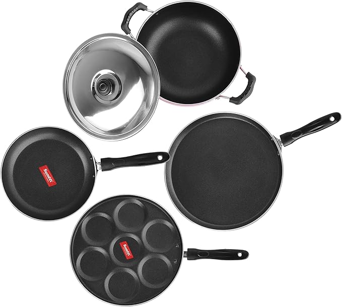 Sumeet 2.6mm Thick Non-Stick Rossu Cookware set (Dosa Tawa – 26.5cm Dia + Multi snack maker – 26.5cm Dia + Kadhai With Lid – 1.5Ltr capacity- 20cm Dia + Tapper pan – 20cm Dia)