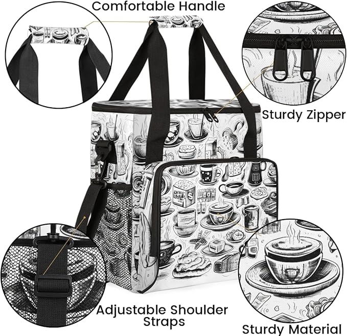 Coffee Print Coffee Maker Travel Bag for Keurig K-Mini/K-Mini Plus Insulated Waterproof Tote with Pockets for K-Cup Portable Single-Serve Brewer Case