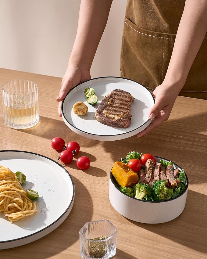 Famiware Nebula Plates and Bowls Sets 18 Pieces Dinnerware Sets Dishes Set for 6 White with Black Rim