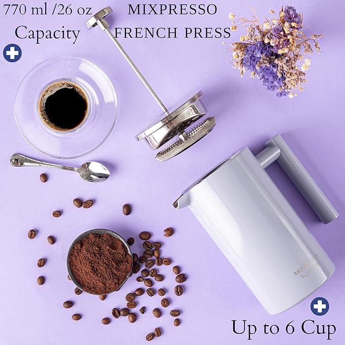 Mixpresso Light Blue Stainless Steel French Press Coffee Maker 26 Oz 770 ml Double Wall Insulated French Press Stainless Steel Easy Clean Tea Brewer Easy Press Durable Metal Coffee Press
