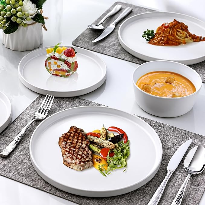 AmorArc Ceramic Dinnerware Sets for 6 Modern Flat Stoneware Plates and Bowls SetsChip and Crack Resistant | Dishwasher &amp Microwave Safe Dishes SetScratch Resistant- Service for 6 (18pc)-Matte W