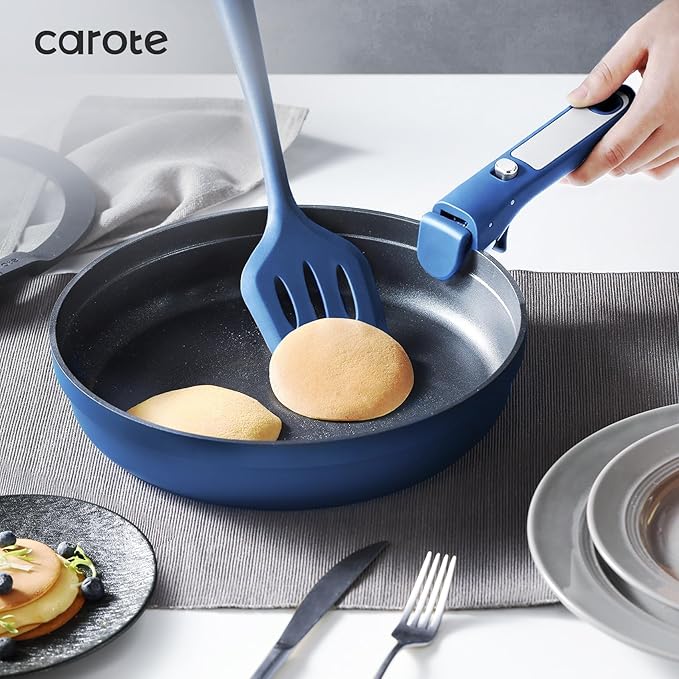 CAROTE 8Pcs Non Stick Frying Pans Set 3 Sizes(81012 Inch) Kitchen Nonstick Skillets with Detachable Handle Cooking Pan with lid Oven Safe Induction Cookware Stackable Kitchen Set Blue