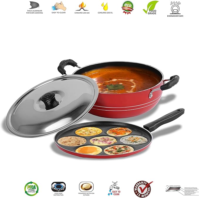 Sumeet 2.6mm Thick Non-Stick Rasberry Cookware set (Multi snack maker – 26.5cm Dia + Kadhai With Lid – 1.5Ltr capacity- 20cm Dia)