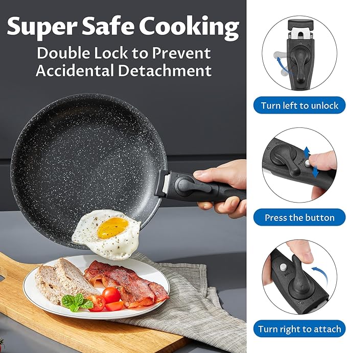 BEZIA Induction Cookware Set 10 Pieces Nonstick Pots and Pans Set with Removable Handles for All Hobs Stackable Design Dishwasher/Oven Safe PFAS Free