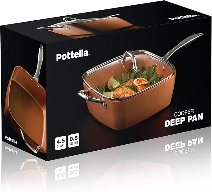 Deep Square 9.5” Nonstick Copper Pan Chef 5 Piece Set Frying Basket Steamer Tray with Bonus World Cuisine Cookbook