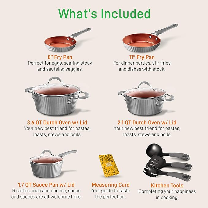 NutriChef 11-Piece Nonstick Cookware Set - Excilon Blue Diamond Ceramic Dishwasher Safe PTFE/PFOA/APEO-Free Kitchen Ware Pots &amp Pan Set w/Saucepan Frying Pans Cooking &amp Dutch Oven Lids - N