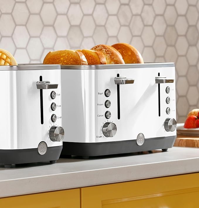GE 2 Slice Toaster Extra Wide Slots for Toasting Bagels Breads Waffles &amp More 7 Adjustable Shade Settings Removable Crumb Tray Countertop Kitchen Essentials 850 Watts White