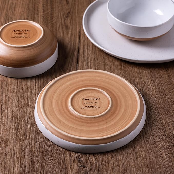 AmorArc Ceramic Dinnerware Sets for 4 12 Pieces Handpainted Plates and Bowls Set with Rustic Terracotta Underside Scratch Resistant Stoneware Dishes Set Dishwasher &amp Microwave Safe White