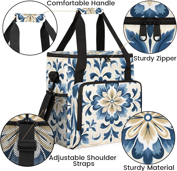 Watercolor Blue Flowers Coffee Maker Travel Bag for Keurig K-Mini/K-Mini Plus Insulated Waterproof Tote with Pockets for K-Cup Portable Single-Serve Brewer Case