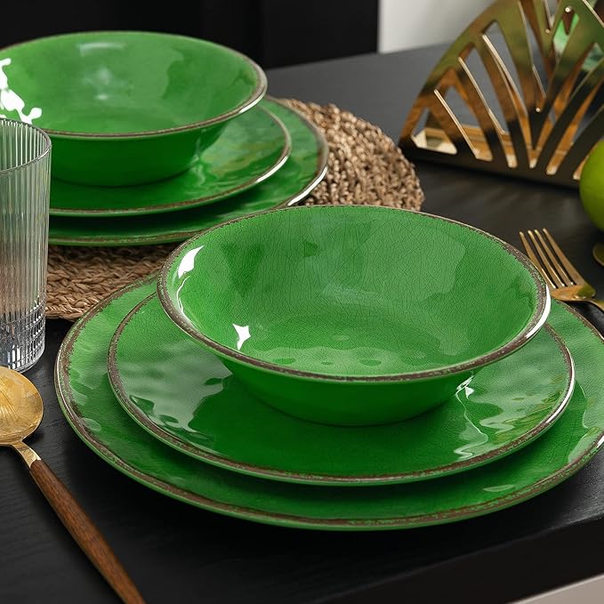 LEHAHA Vintage Crackle Melamine Dinnerware Sets 12 Piece Plates and Bowls Sets Great for Camping RV. Durable and Chip Resistant Farmhouse Dishes Set Service for 4(Green)