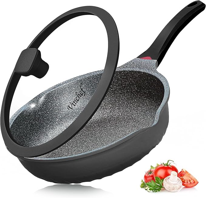 Vinchef Nonstick Skillet with Lid 12.5In Aluminum Deep Frying/Saute Pan with Lid and Heat Indicator Anti Scratch and Anti Stain Induction Compatible