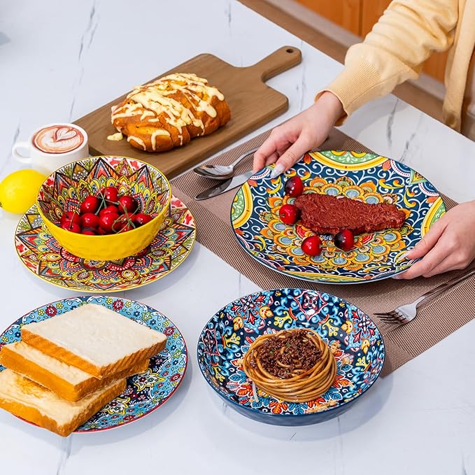 16 Pieces Dinnerware Sets Service for 4 Plates and Bowls Set Ceramic Dishes Set for 4 Microwave and Dishwasher Safe Scratch Resistant Bohemian Style