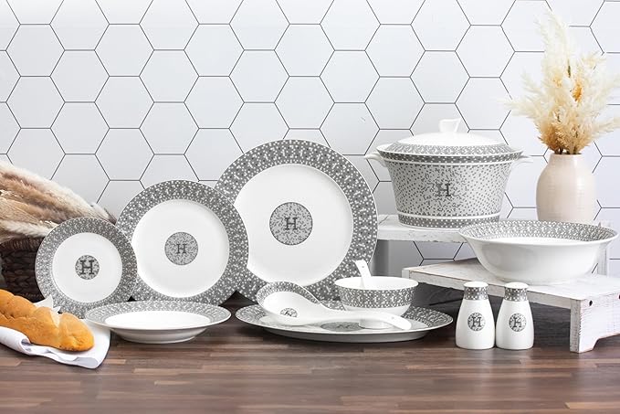 44 Piece Bone China Dinnerware - Gorgeous Set for 6 - Mosaic Design with Silver Detailing - Dining Plates Bowls Tureen and Serving Pieces - For Everyday Dishes or Formal Occasion (44 Piece Set)