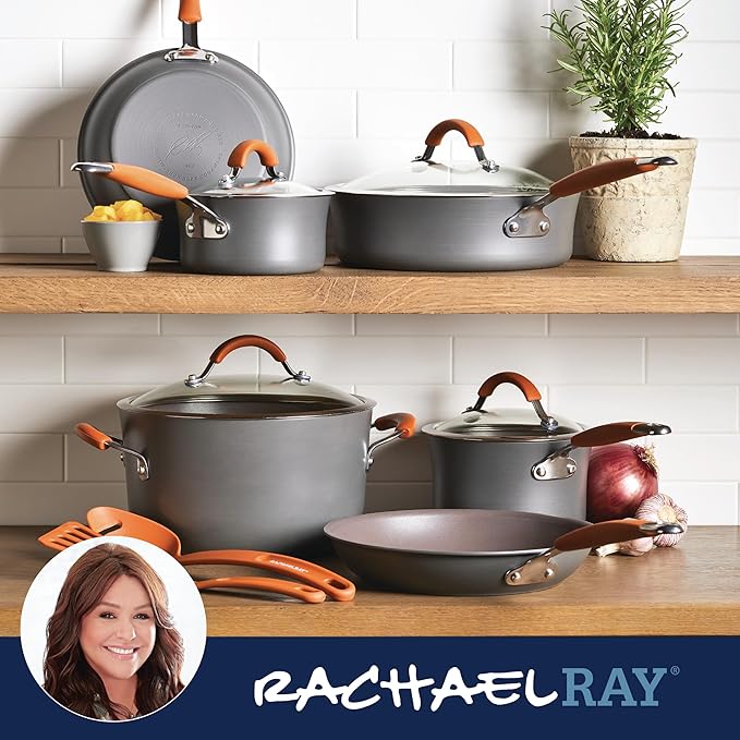 Rachael Ray Cucina Dishwasher Safe Hard Anodized Nonstick Cookware Pots and Pans Set 12 Piece Gray with Orange Handles