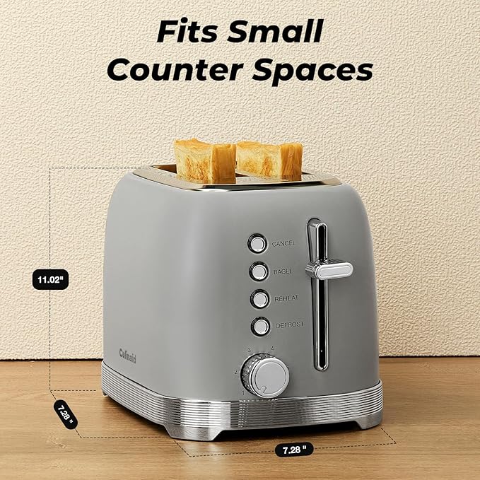 Toaster 2 Slice Retro Stainless Steel with 1.5” Extra Wide Slots Bagel Defrost Reheat Cancel Functions 6 Bread Shade Settings Removable Crumb Tray Gray