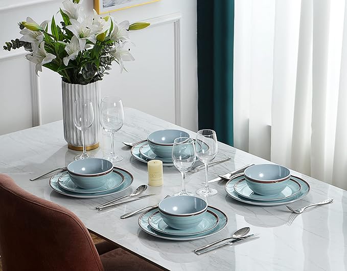 Melamine Dinnerware Set for 4 12Pcs Dinnerware Sets Mint Blue Plates And Bowls Sets Morden Dish Set Dishwasher Safe BPA Free(Green)