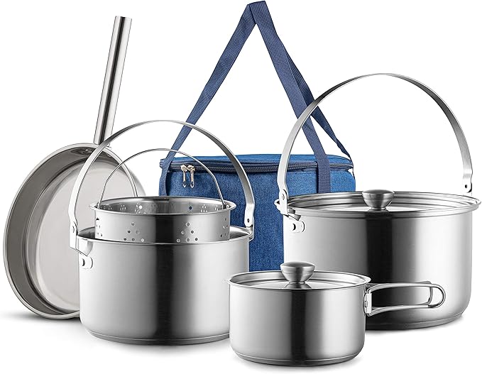 Camping Cookware Set 304 Stainless Steel 8-Piece Pots &amp Pans Open Fire Cooking Kit | Frying Pan Steamer with Travel Tote Bag | Compact For Outdoors &amp Indoors Kitchen Family Campfire Hiking RV