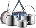 Camping Cookware Set 304 Stainless Steel 8-Piece Pots &amp Pans Open Fire Cooking Kit | Frying Pan Steamer with Travel Tote Bag | Compact For Outdoors &amp Indoors Kitchen Family Campfire Hiking RV