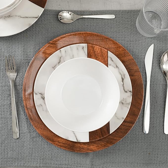 LEHAHA Rustic Modern Melamine Dinnerware Sets Marble 12-Piece Lightweight Outdoor Plates and Bowls Sets Unbreakable Wood Patterns Dishes Dinnerware Set Service for 4…