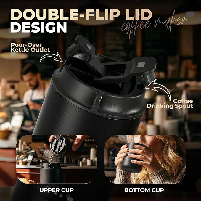 HAUSHOF Portable Coffee Maker Travel Coffee Maker Battery Operated Small Pour Over Set Compact Coffee Maker with Electric Grinder &amp Insulated Mug for Travel Camping Car