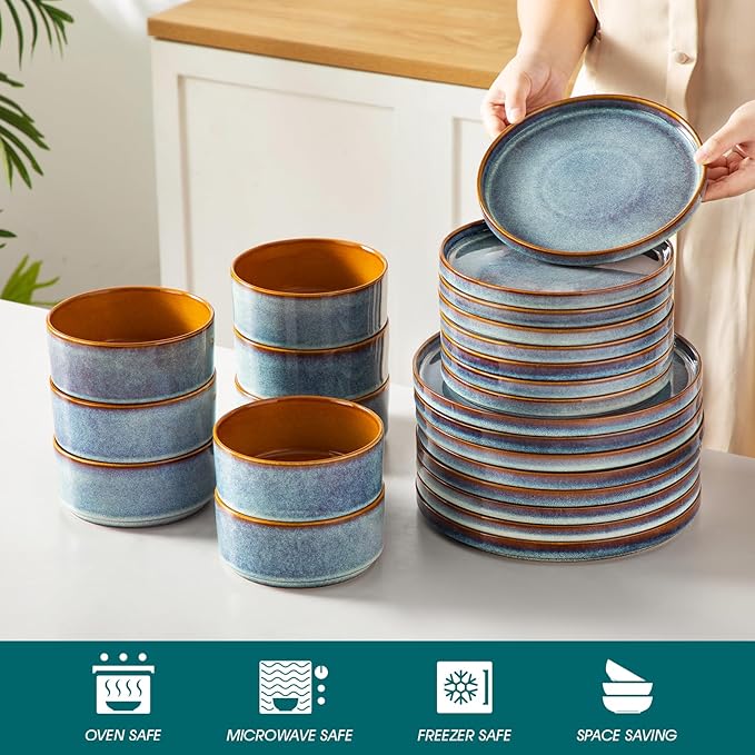 vancasso ONION Ceramic Plates and Bowls Sets 24 Pieces Blue Dinnerware Sets for Kitchen Reactive Glaze Dishes Set for 8 Dishwasher and Microwave Safe