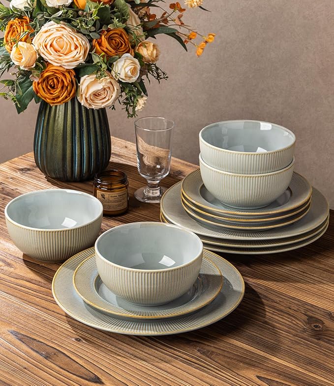 TheTerra Stoneware Dinnerware Sets for 4 12 Pieces Ceramic Plates and Bowls Sets Scratch Resistant Embossed Dish Set Oven Microwave &amp Dishwasher Safe Desert Sage