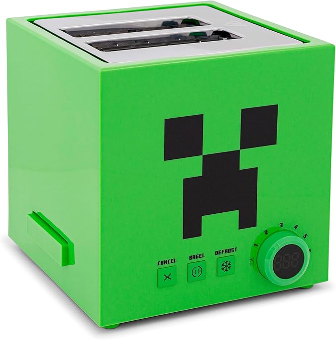 Minecraft Green Creeper 2-Slice Toaster For Bagels Waffles and Breads | Features 6 Settings With Defrost Option | Imprints Creeper Symbol On Bread