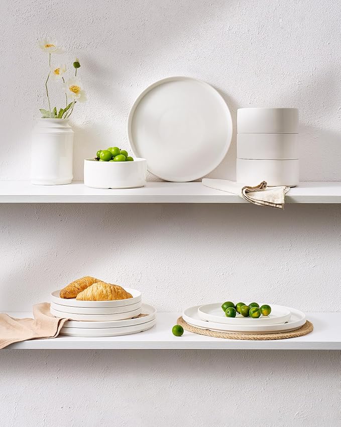Famiware Porcelain Dinnerware Set 18-Piece Modern Plate and Bowl Set dish set for 6 Microwave and Dishwasher Safe Tableware White