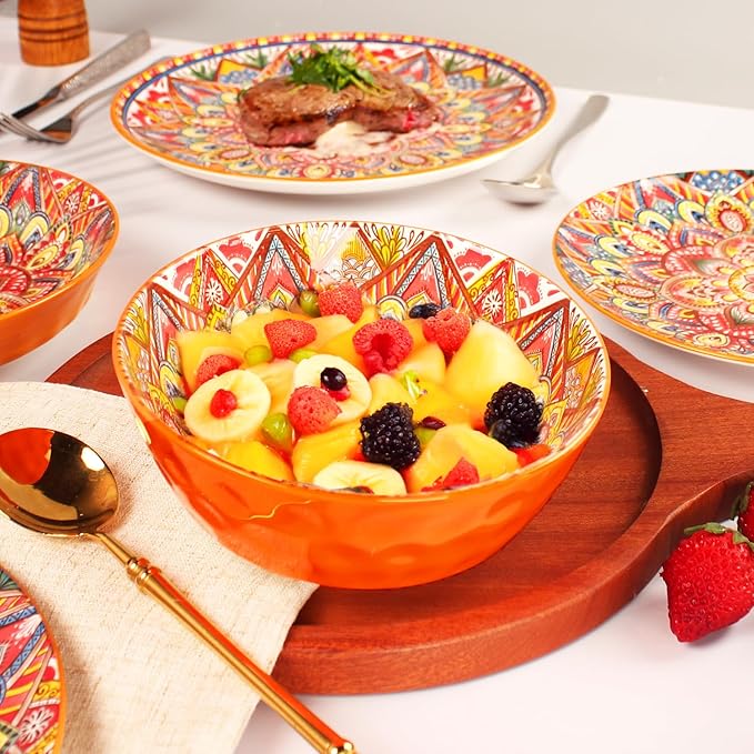 Mandala Dinnerware Sets (16 PCS) Serves for 4 Buffet Dinnerware Boho Plates and Bowls Set with 8.3 salad Plate 8.6/10.6dinner Plate 6.4 bowl apply Indoor Outdoor Dining