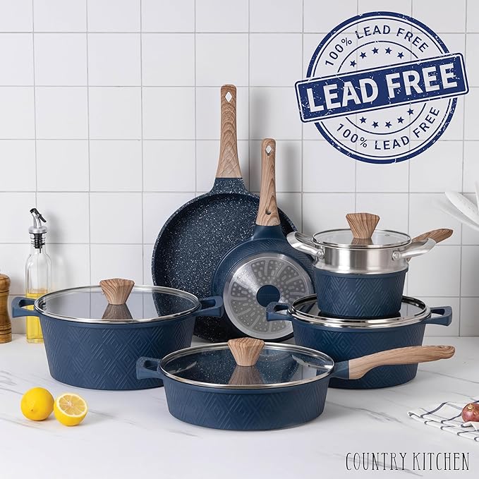 Country Kitchen Non-Stick Cast Aluminum Cookware Set - Durable Kitchen Cookware for Everyday Cooking Navy 11 Pc.