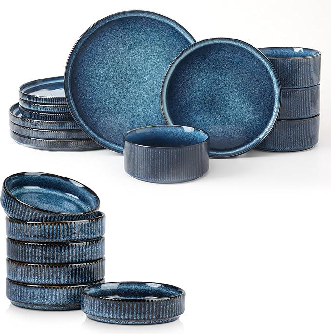 Famiware Dinnerware Set for 4 (12 Piece) and 4oz Dipping Bowl Set (6 Piece) - Star Stoneware Dishes - Nebulas Blue