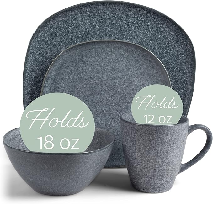 Elanze Designs 16-Piece Modern Luxury Chic Smooth Vintage Handmade Shape Matte Finish Ceramic Stoneware Square Plate Mug &amp Bowl Kitchen Dinnerware 16 Piece Set - Service for 4 Slate Grey