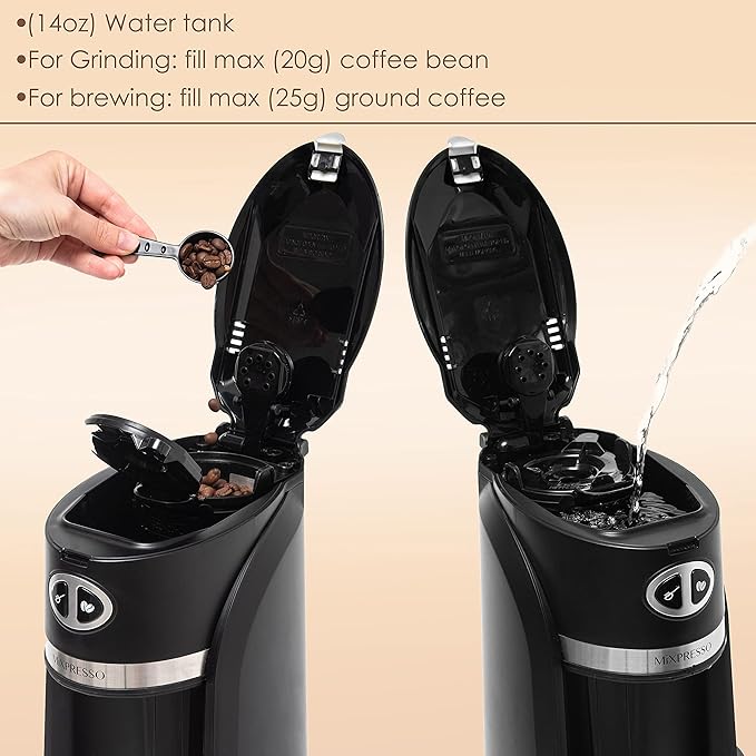 Mixpresso 2 in 1 Grind &amp Brew Automatic Personal Coffee Maker Automatic Single Serve Coffee Maker with Grinder Built-In and 14oz Travel Mug Auto Shut Off FunctionBlack Travel Coffee Maker