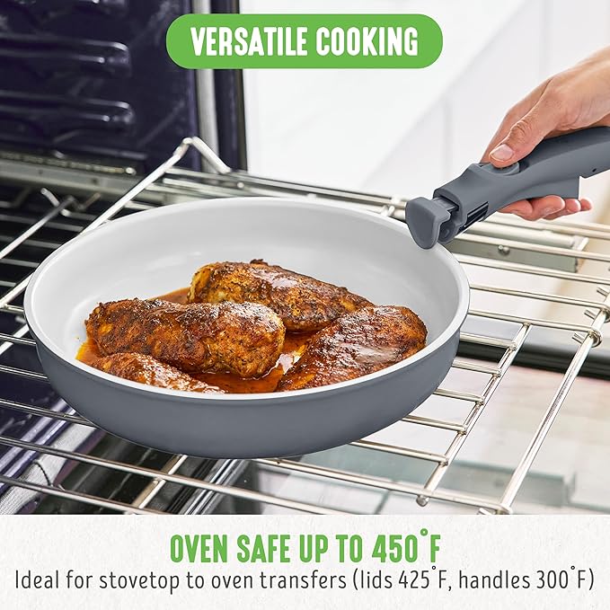 GreenLife 10 Piece Nonstick Pots &amp Pans Set Detachable Handle &amp Stackable Cookware Set Non Toxic PFAS-Free Skillets Induction Kitchen Pans Space Saving Serving Bowls Oven Safe Graphite