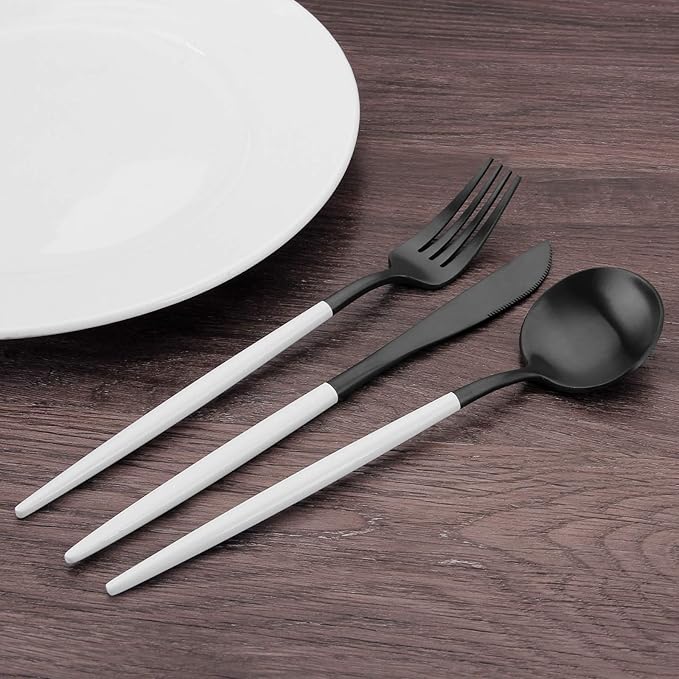Matte Black Silverware Set with white handle Bysta 20-Piece Stainless Steel Flatware Set Kitchen Utensil Set Service for 4 Tableware Cutlery Set for Home and Restaurant Dishwasher Safe