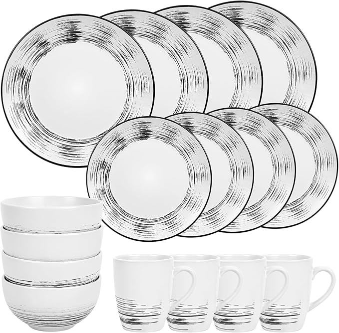 Homlouue 16 Pcs Stoneware Dinnerware Sets for 4 Porcelain Farmhouse Plates Bowls Mugs Set - Minimalist Chip Resistant Dish Set Microwave &amp Dishwasher Safe in White and Black Thread