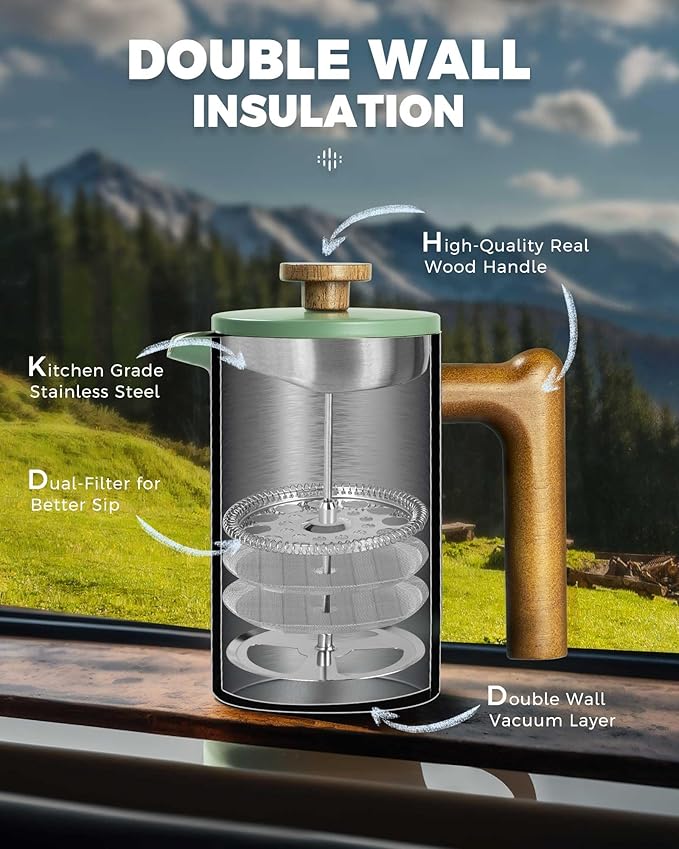 POLIVIAR French Press Coffee Maker 21 oz Coffee Press with Real Wood Handle Double Wall Insulation &amp Dual-Filter Screen Food Grade Stainless Steel for Good Coffe and Tea JX2024-SFPN