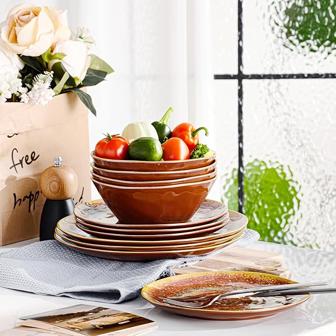 FINE&ampNICE Melamine Dinnerware Set of 12Pcs Dish Set for 4 Lightweight Unbreakable Plate and Bowl Set for Patio RV and Camping Dishwasher SafeRusty Brown