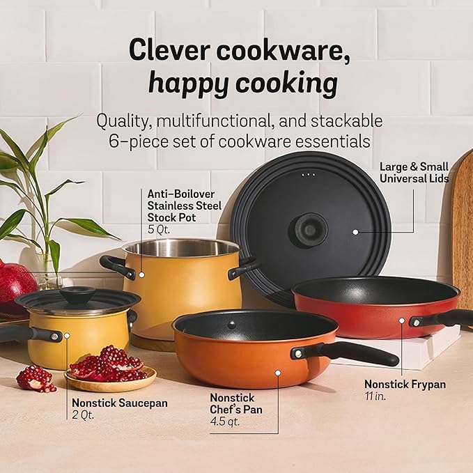 Meyer 6pc Stackable Set with Universal Lids | Hard Anodized Non Stick and Stainless Steel Pots and Pans | Induction Compatible | Dishwasher Safe | Oven Safe | Red Orange Yellow | Accent Cookware