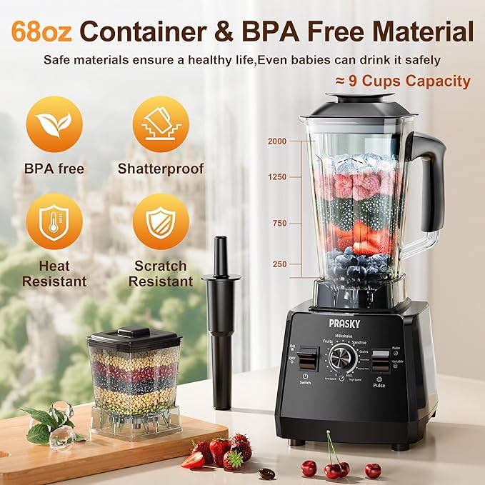 Blenders for Kitchen Smoothie Blender 2400W/1000W Prasky Blender &amp Grinder Combo 25000 RPM High Speed 68oz BPA-Free Food Processor Countertop Blender for Smoothies Shakes &amp Food (Black