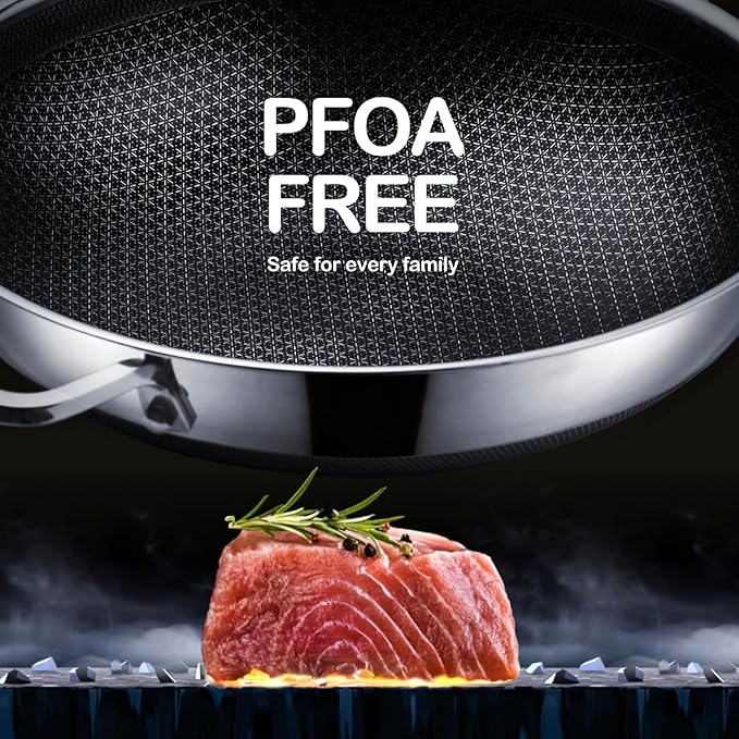 13 Inch Hybrid Stainless Steel Wok with Lid and Steamer Basket Non Stick Stir Fry Pan PFOA-Free Works on Induction Dishwasher &amp Oven Safe