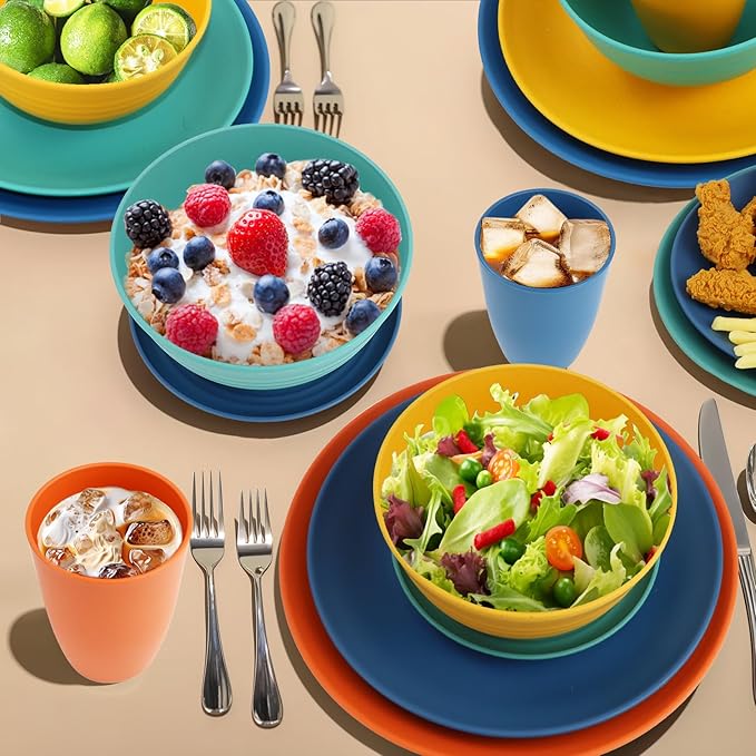 Wrova 40Pack plates and bowls sets for kids - Unbreakable wheat straw dinnerware sets service for 8 - Alternative plastic 40pcs dish sets for kitchen camping and indoors dinning - (Colorful)