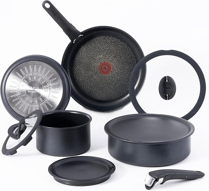 T-fal Ingenio Expertise Non Stick Cookware Set 10 Piece Induction Oven Broiler Safe 500F Stackable Cookware Pots and Pans Set RV Camping Frying Pans Dishwasher Safe Detachable HandleBlack