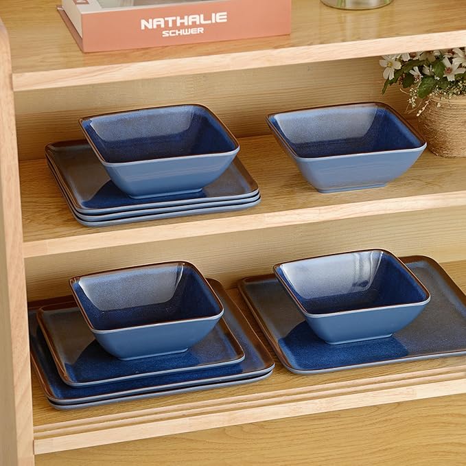 Melamine Dinnerware Sets 12 Pcs Square Plates and Bowls Sets of 4 Unbreakable Dishes Set for Outdoor Use Lightweight Dishware Set for CampingPatio and RV Dishwasher Safe Navy Blue