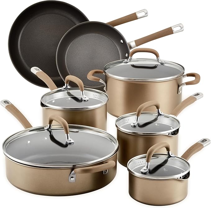 Circulon Premier Professional Hard Anodized Nonstick Cookware Induction Pots and Pans Set 12 Piece Bronze