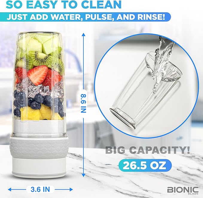 Bionic Blade Personal Portable Blender 26.5 oz with Extra Shaker &amp Lid Cordless &amp Rechargeable Airtight Mini Blender for Smoothies Shakes Juices &amp Sauces White As Seen on TV