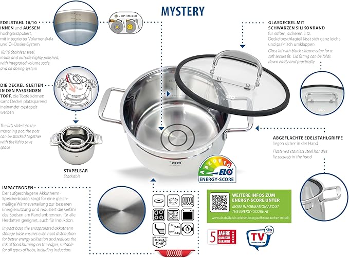 ELO Induction Cookware Set Stainless Steel Ceramic and Gas with Measuring System and Measuring Scale Diameter 160 x 10.5 cm Diameter 20 x 12.5 cm and Diameter 24 x 15.5 cm Set of 3