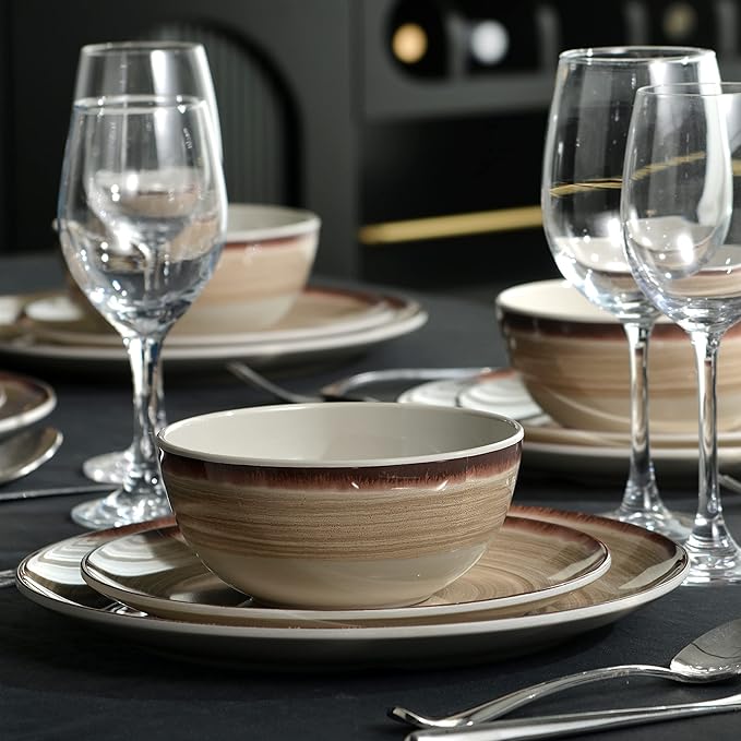 Melamine Dinnerware Sets Dinnerware Sets for 4 12Pcs Plates And Bowls Sets Lightweight and Unbreakable Dish Set for Camping PicnicRV Dishwasher SafeBPA Free（Brown）